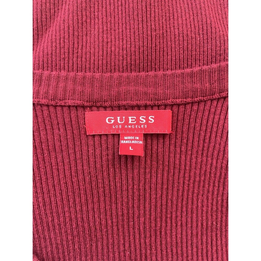 GUESS Women's Ribbed Scoop Neck Top Burgundy Red Logo Tape Arms Long Sleeve L - Picture 3 of 3
